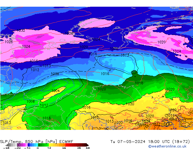 SLP/Temp. 850 hPa ECMWF mar 07.05.2024 18 UTC