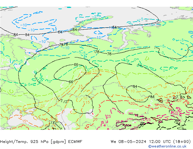 Height/Temp. 925 гПа ECMWF ср 08.05.2024 12 UTC