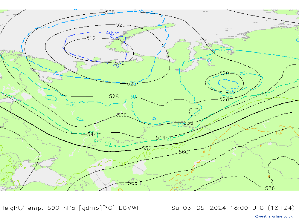 Hoogte/Temp. 500 hPa ECMWF zo 05.05.2024 18 UTC