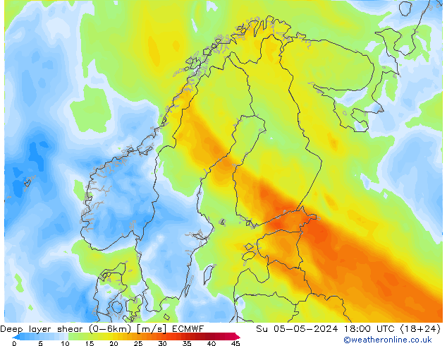 Deep layer shear (0-6km) ECMWF  05.05.2024 18 UTC