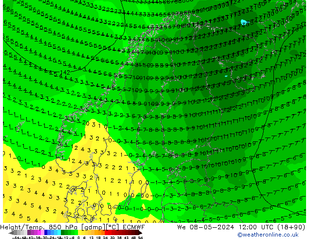 Height/Temp. 850 hPa ECMWF We 08.05.2024 12 UTC