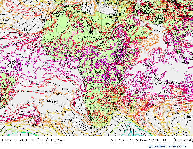 Theta-e 700hPa ECMWF Mo 13.05.2024 12 UTC