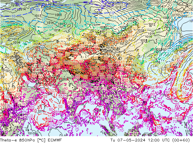 Theta-e 850hPa ECMWF Sa 07.05.2024 12 UTC