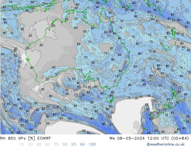 RH 850 hPa ECMWF śro. 08.05.2024 12 UTC