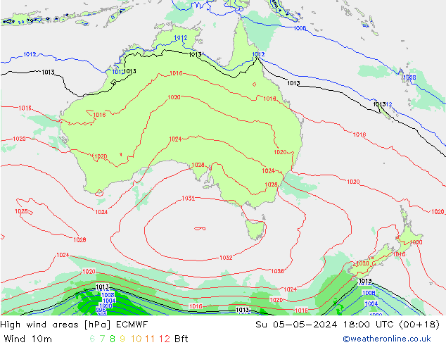 High wind areas ECMWF dom 05.05.2024 18 UTC