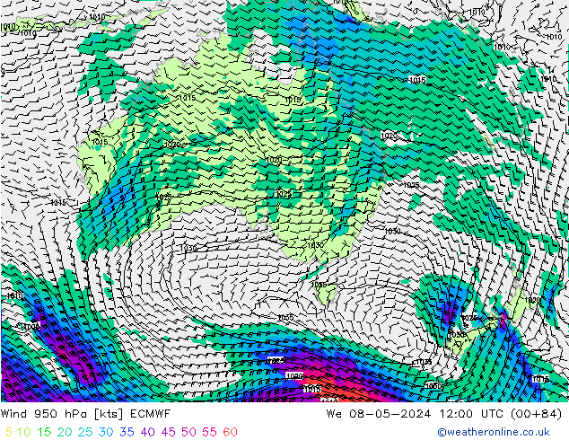 Prec 6h/Wind 10m/950 ECMWF We 08.05.2024 12 UTC