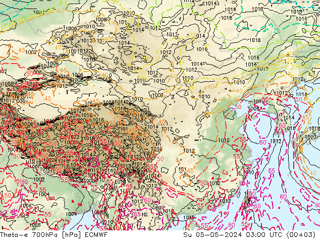 Theta-e 700hPa ECMWF 星期日 05.05.2024 03 UTC