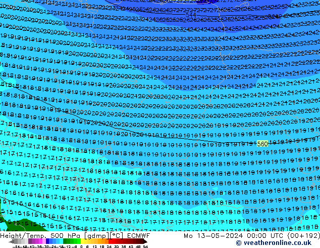 Z500/Rain (+SLP)/Z850 ECMWF Mo 13.05.2024 00 UTC