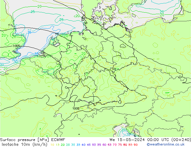 Isotachen (km/h) ECMWF Mi 15.05.2024 00 UTC