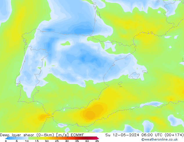 Deep layer shear (0-6km) ECMWF Dom 12.05.2024 06 UTC