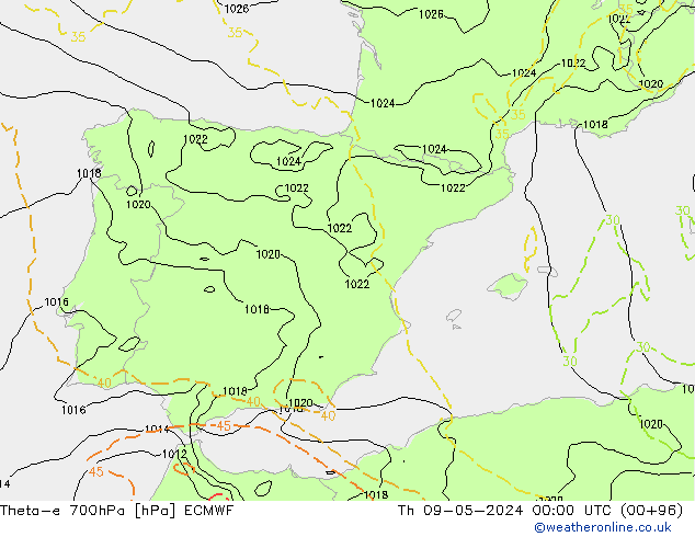 Theta-e 700hPa ECMWF Th 09.05.2024 00 UTC