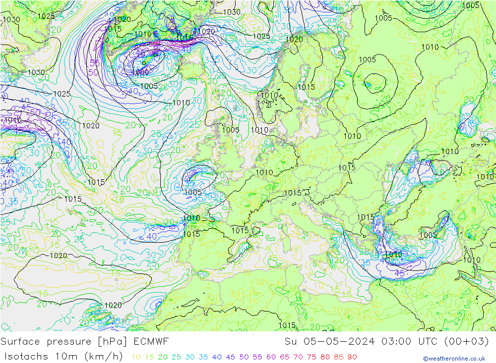 Isotachen (km/h) ECMWF So 05.05.2024 03 UTC