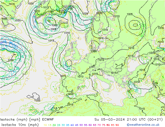 Isotachs (mph) ECMWF Dom 05.05.2024 21 UTC