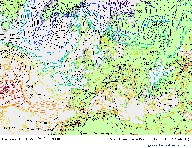 Theta-e 850hPa ECMWF So 05.05.2024 18 UTC