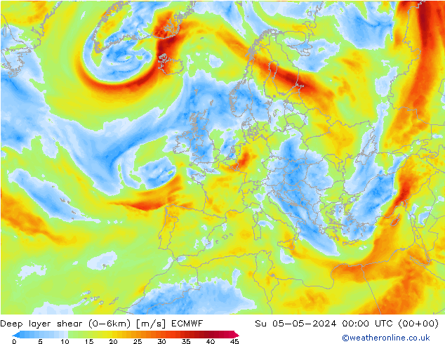 Deep layer shear (0-6km) ECMWF dom 05.05.2024 00 UTC