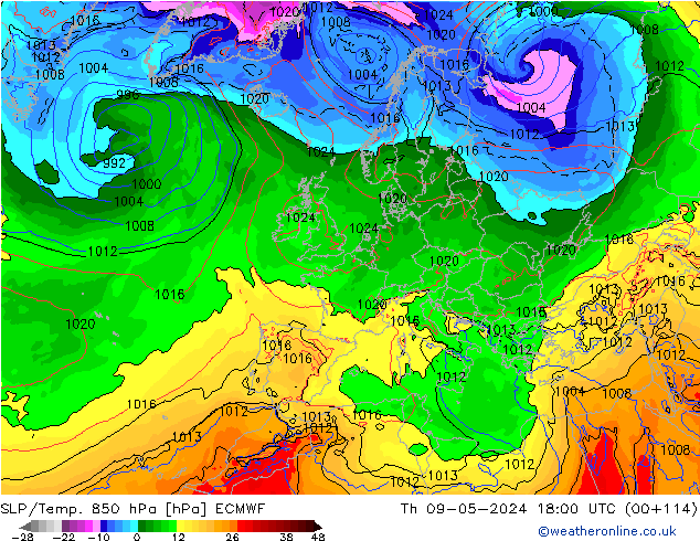 SLP/Temp. 850 hPa ECMWF Qui 09.05.2024 18 UTC