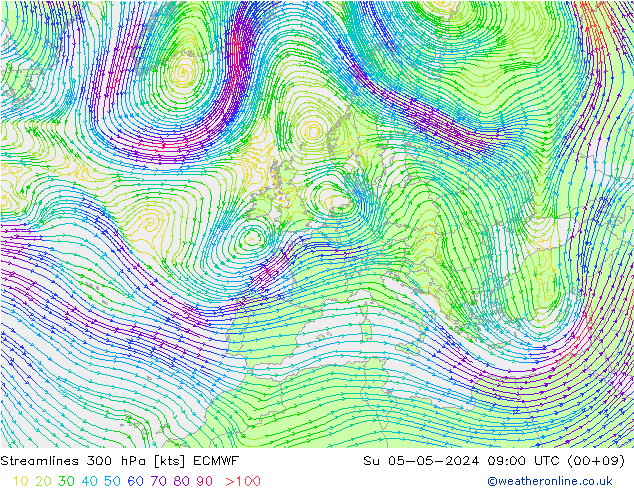 Streamlines 300 hPa ECMWF Su 05.05.2024 09 UTC