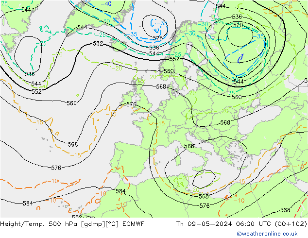 Z500/Rain (+SLP)/Z850 ECMWF Th 09.05.2024 06 UTC