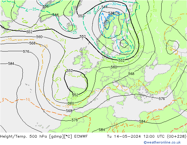 Z500/Rain (+SLP)/Z850 ECMWF wto. 14.05.2024 12 UTC