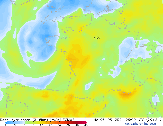 Deep layer shear (0-6km) ECMWF Mo 06.05.2024 00 UTC