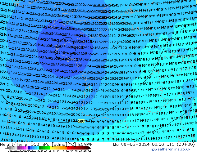 Z500/Rain (+SLP)/Z850 ECMWF pon. 06.05.2024 06 UTC