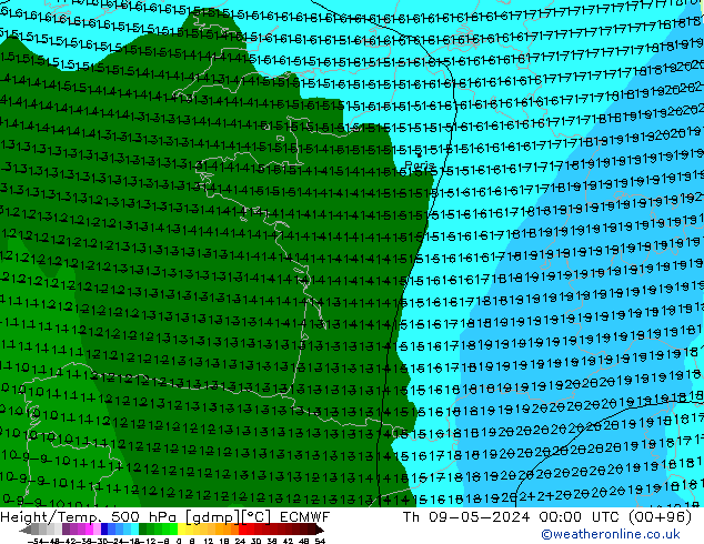 Z500/Rain (+SLP)/Z850 ECMWF Čt 09.05.2024 00 UTC