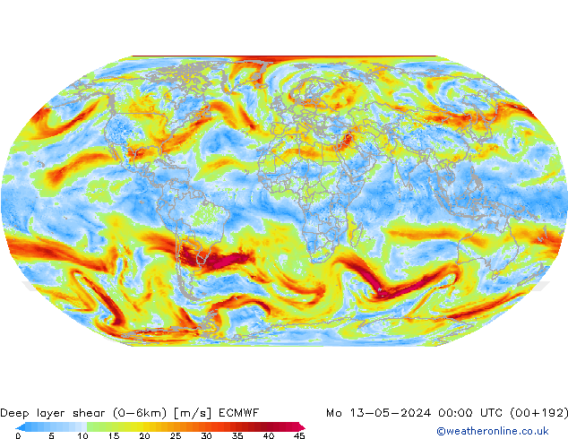 Deep layer shear (0-6km) ECMWF lun 13.05.2024 00 UTC
