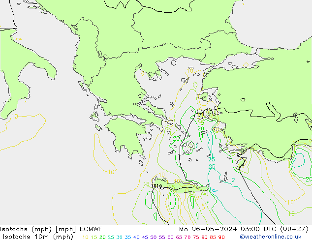 Isotachs (mph) ECMWF пн 06.05.2024 03 UTC