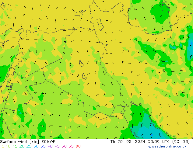 Surface wind ECMWF Čt 09.05.2024 00 UTC