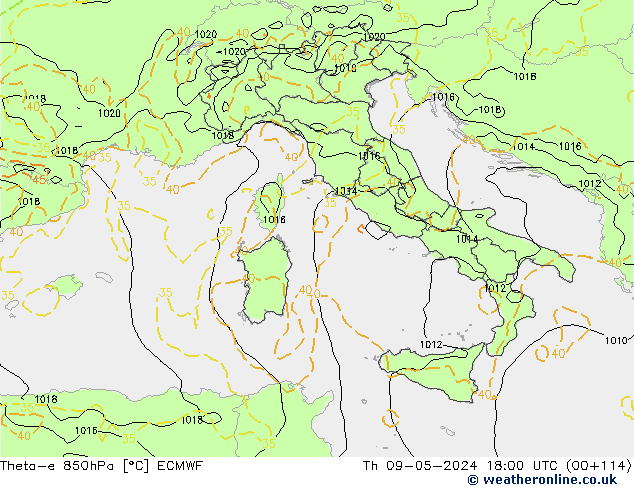 Theta-e 850hPa ECMWF Čt 09.05.2024 18 UTC