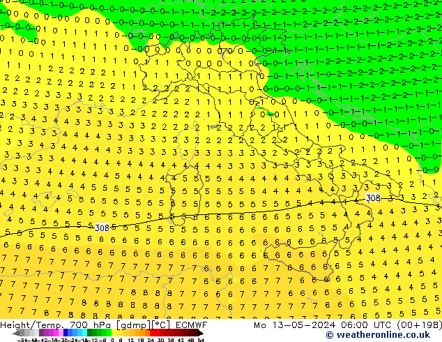 Height/Temp. 700 hPa ECMWF lun 13.05.2024 06 UTC