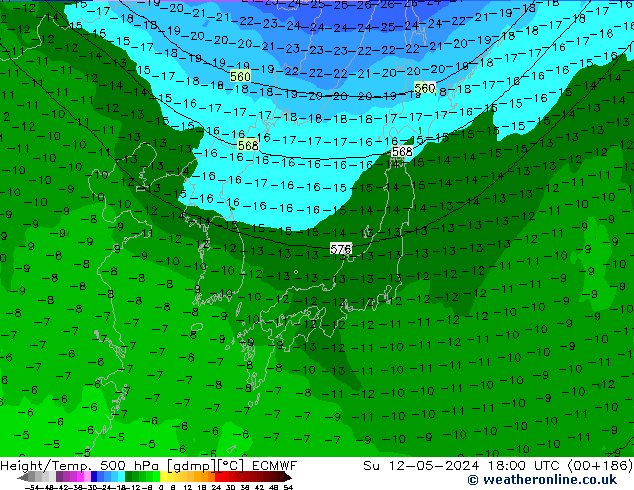 Z500/Yağmur (+YB)/Z850 ECMWF Paz 12.05.2024 18 UTC