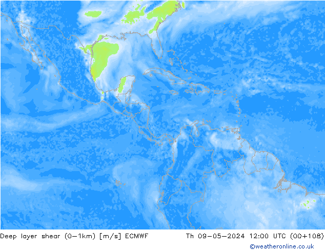 Deep layer shear (0-1km) ECMWF Th 09.05.2024 12 UTC