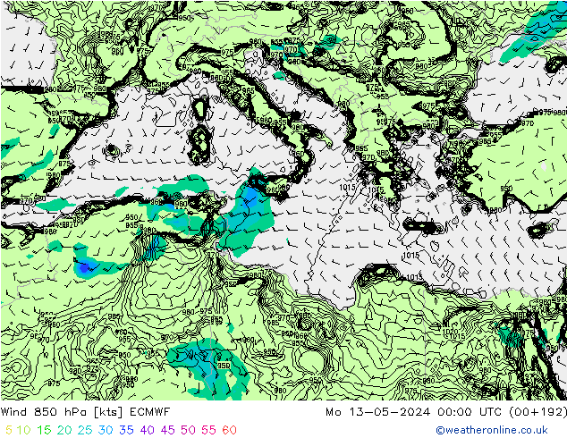 Viento 850 hPa ECMWF lun 13.05.2024 00 UTC