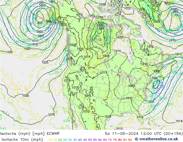 Isotachs (mph) ECMWF сб 11.05.2024 12 UTC