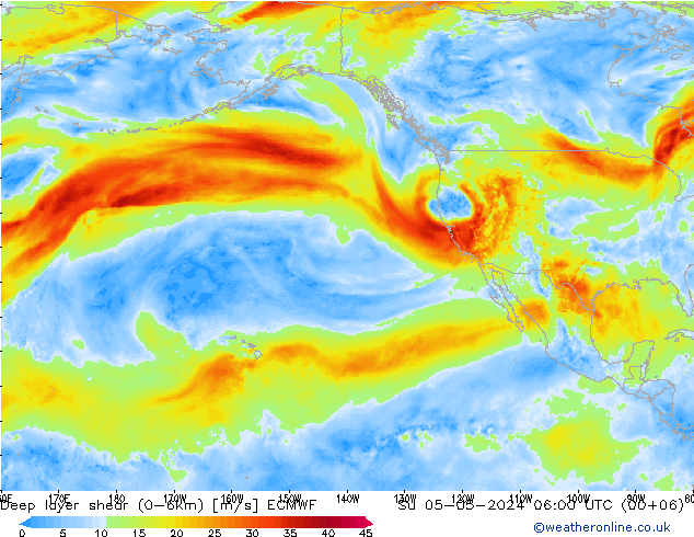 Deep layer shear (0-6km) ECMWF dom 05.05.2024 06 UTC