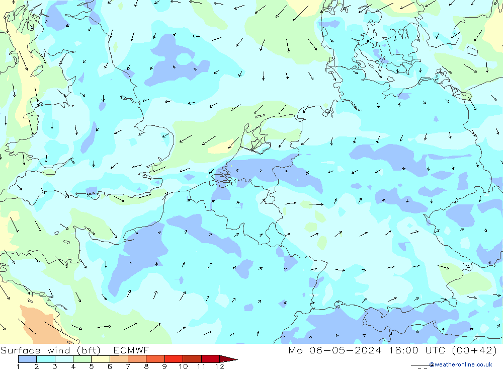 Surface wind (bft) ECMWF Mo 06.05.2024 18 UTC