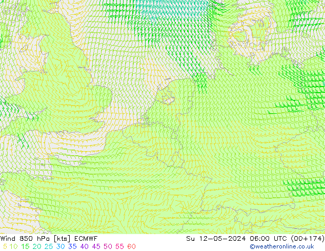 wiatr 850 hPa ECMWF nie. 12.05.2024 06 UTC