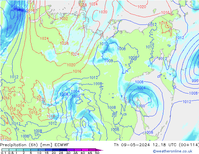 Z500/Rain (+SLP)/Z850 ECMWF Čt 09.05.2024 18 UTC