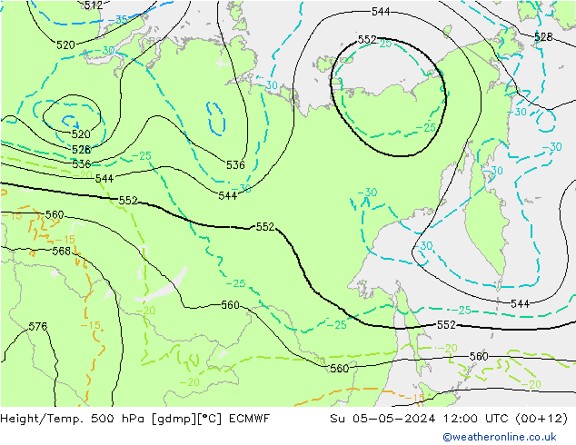 Z500/Rain (+SLP)/Z850 ECMWF Su 05.05.2024 12 UTC