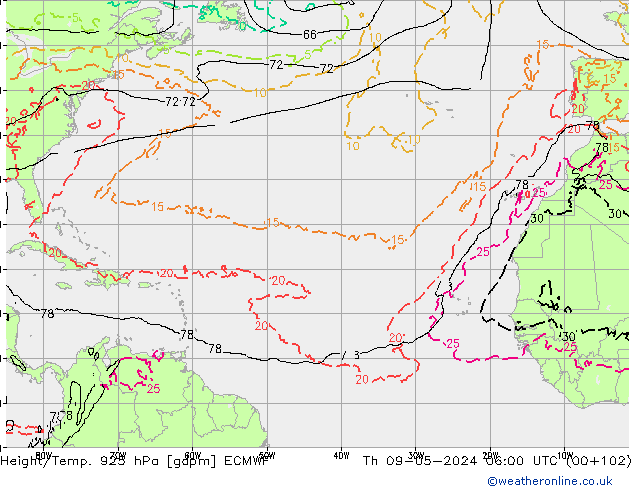 Height/Temp. 925 hPa ECMWF Čt 09.05.2024 06 UTC