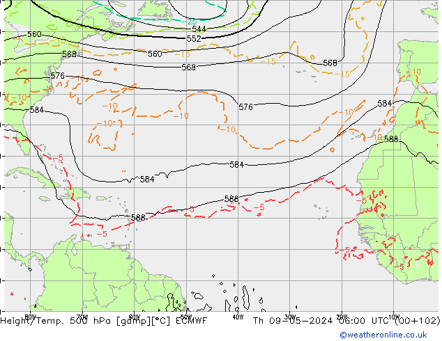Z500/Rain (+SLP)/Z850 ECMWF Čt 09.05.2024 06 UTC