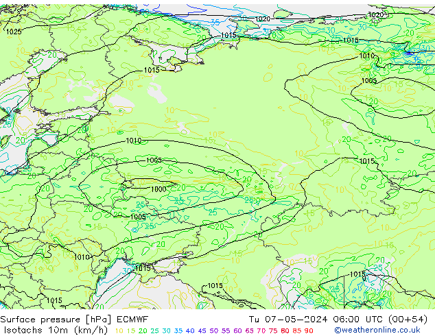 Eşrüzgar Hızları (km/sa) ECMWF Sa 07.05.2024 06 UTC