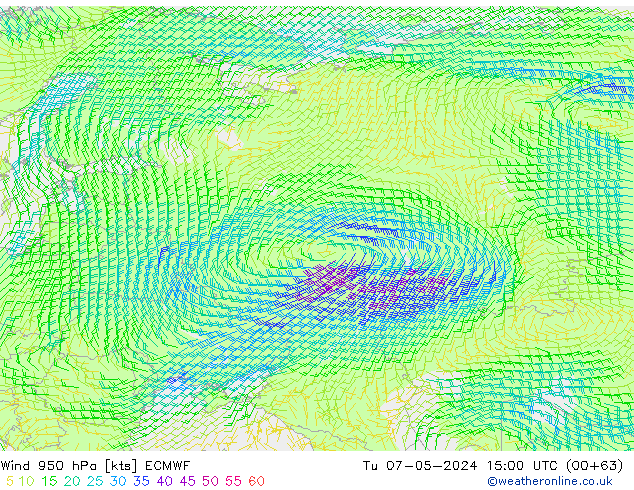 wiatr 950 hPa ECMWF wto. 07.05.2024 15 UTC