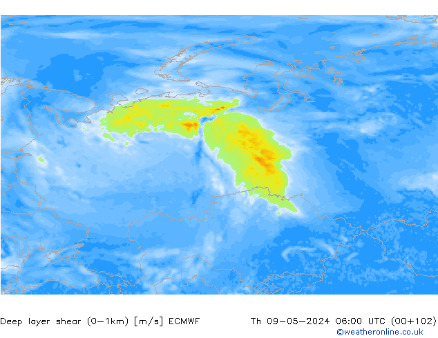Deep layer shear (0-1km) ECMWF do 09.05.2024 06 UTC