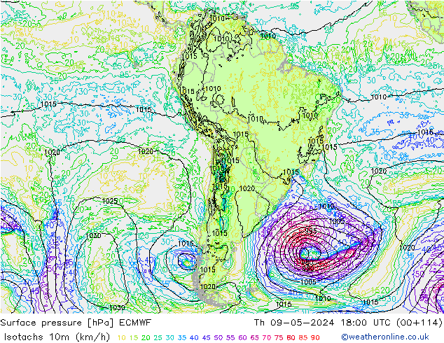 Isotachs (kph) ECMWF gio 09.05.2024 18 UTC