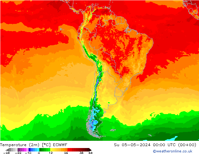 mapa temperatury (2m) ECMWF nie. 05.05.2024 00 UTC