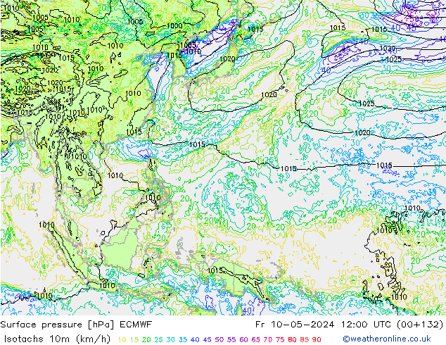 Izotacha (km/godz) ECMWF pt. 10.05.2024 12 UTC