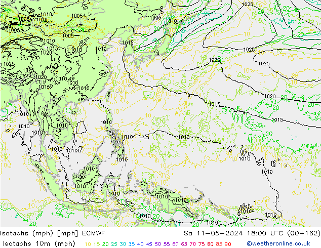 Isotachs (mph) ECMWF сб 11.05.2024 18 UTC