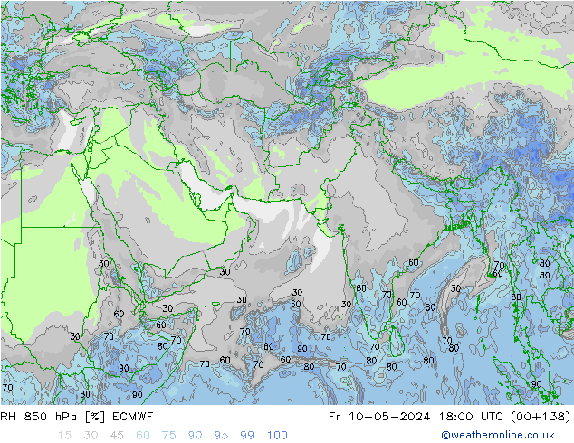 Humedad rel. 850hPa ECMWF vie 10.05.2024 18 UTC